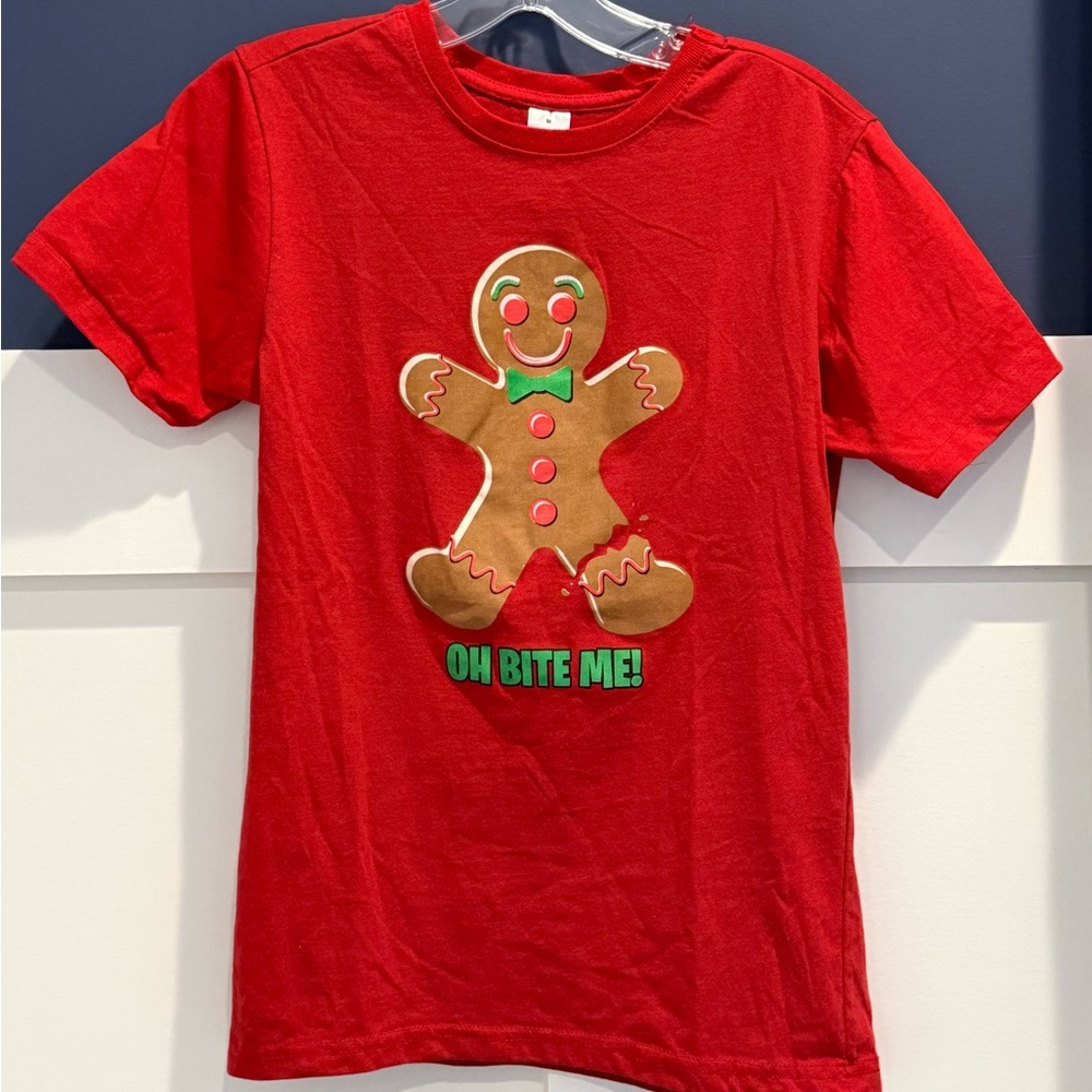 Playful Red Gingerbread Women's “Oh, Bite Me” Tee Size M